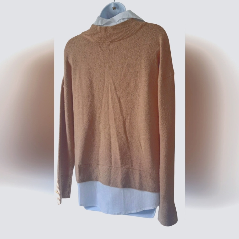 Women's Anne Klein Desert Brown Sweater with Blouse Trim and Gold Buttons L - Picture 2 of 4